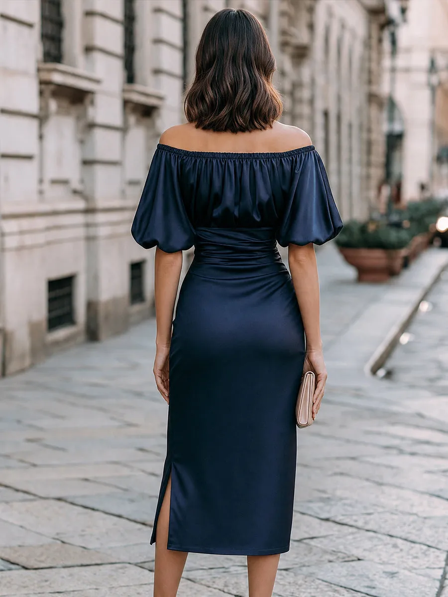 Off-Shoulder Puff-Sleeve Ruched Midi Dress With Side Slit sold by Mooyius product image thumbnail 4