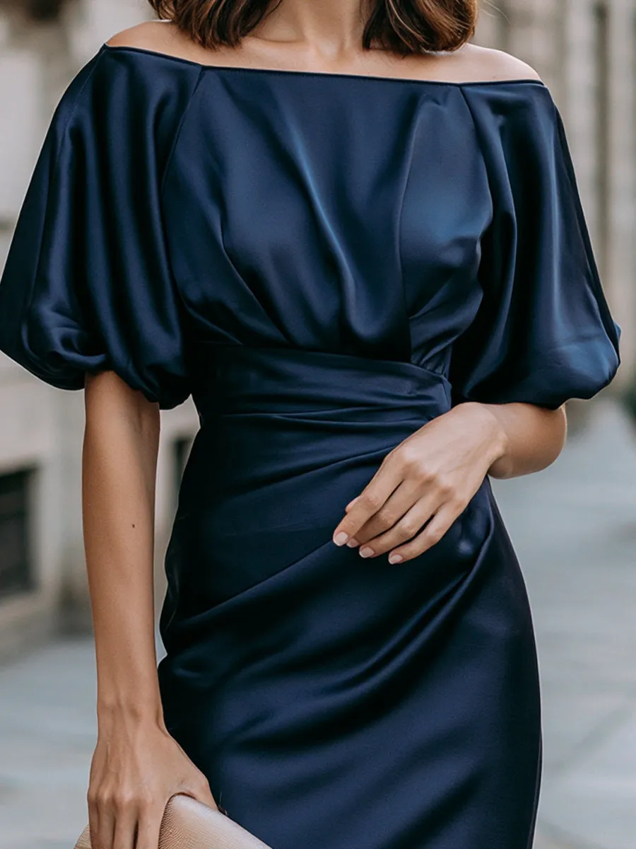 Off-Shoulder Puff-Sleeve Ruched Midi Dress With Side Slit sold by Mooyius product image thumbnail 2