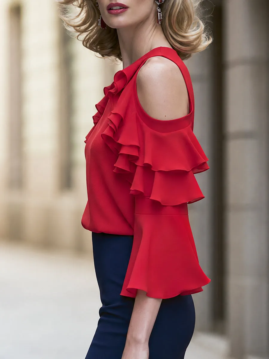 Cold Shoulder Ruffle Trim Bell Sleeve Blouse sold by Mooyius product image thumbnail 3