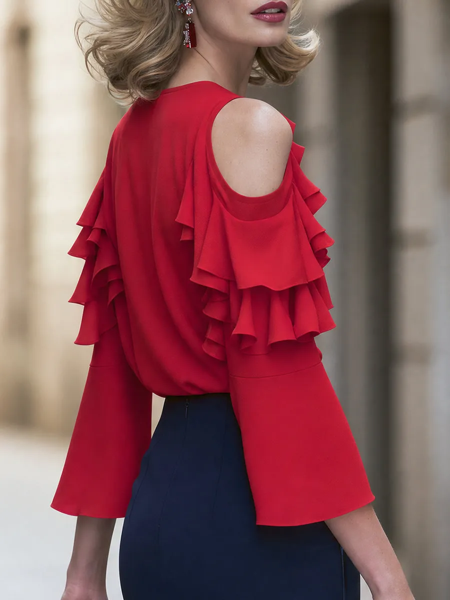 Cold Shoulder Ruffle Trim Bell Sleeve Blouse sold by Mooyius product image thumbnail 4