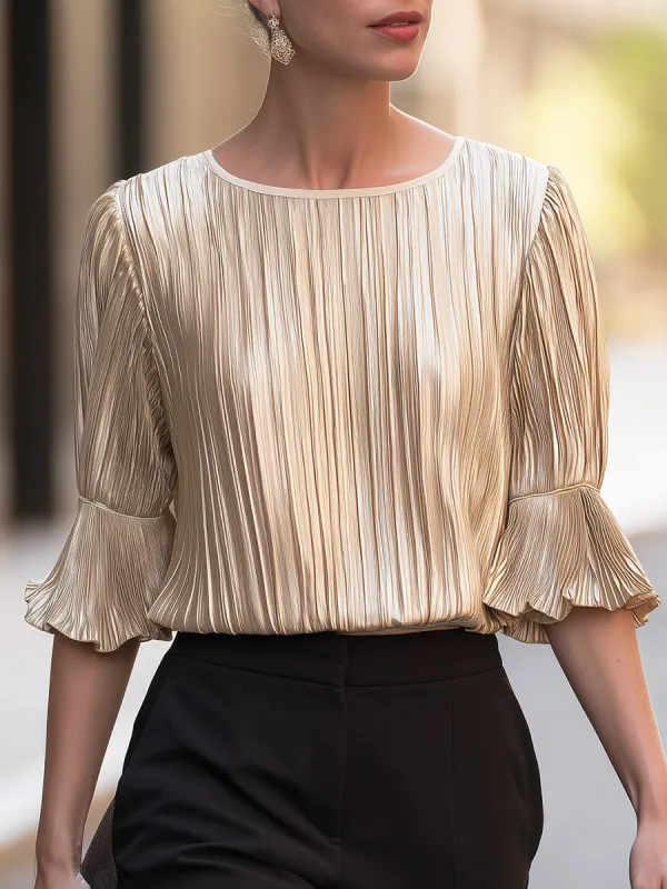 Metallic Pleated Bell Sleeve Blouse Round Neck Top made by Mooyius