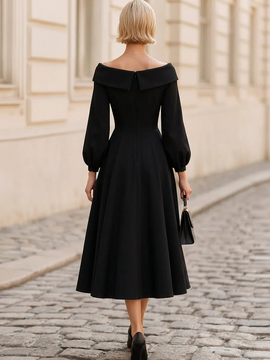 Off-The-Shoulder Balloon Long Sleeve Midi Flared Dress sold by Mooyius product image thumbnail 3