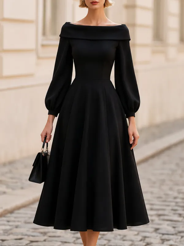 Off-The-Shoulder Balloon Long Sleeve Midi Flared Dress made by Something Navy