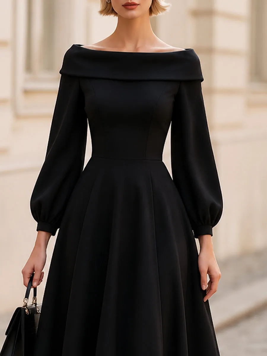 Off-The-Shoulder Balloon Long Sleeve Midi Flared Dress sold by Mooyius product image thumbnail 4