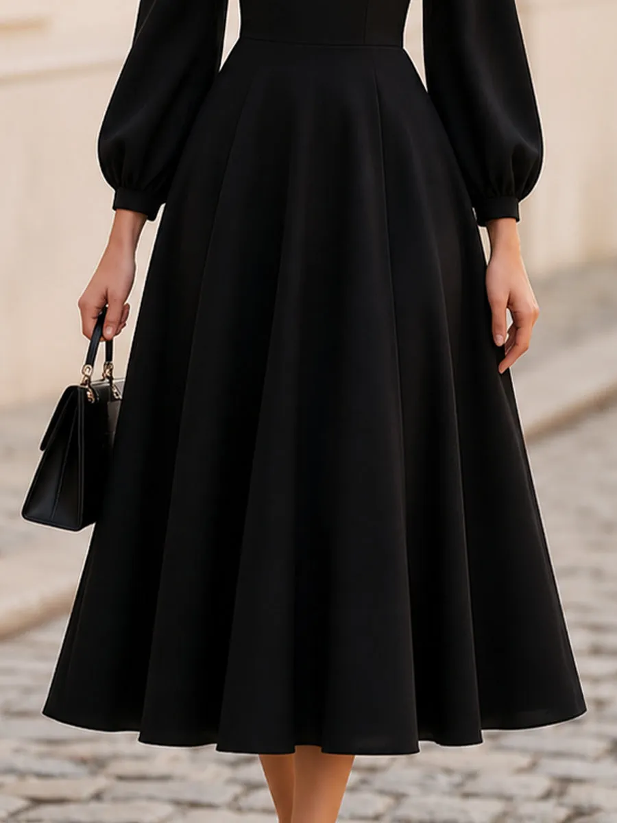 Off-The-Shoulder Balloon Long Sleeve Midi Flared Dress sold by Mooyius product image thumbnail 5