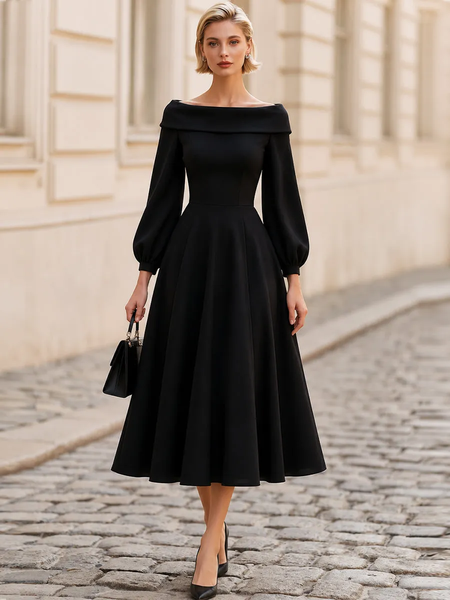 Off-The-Shoulder Balloon Long Sleeve Midi Flared Dress sold by Mooyius product image thumbnail 2