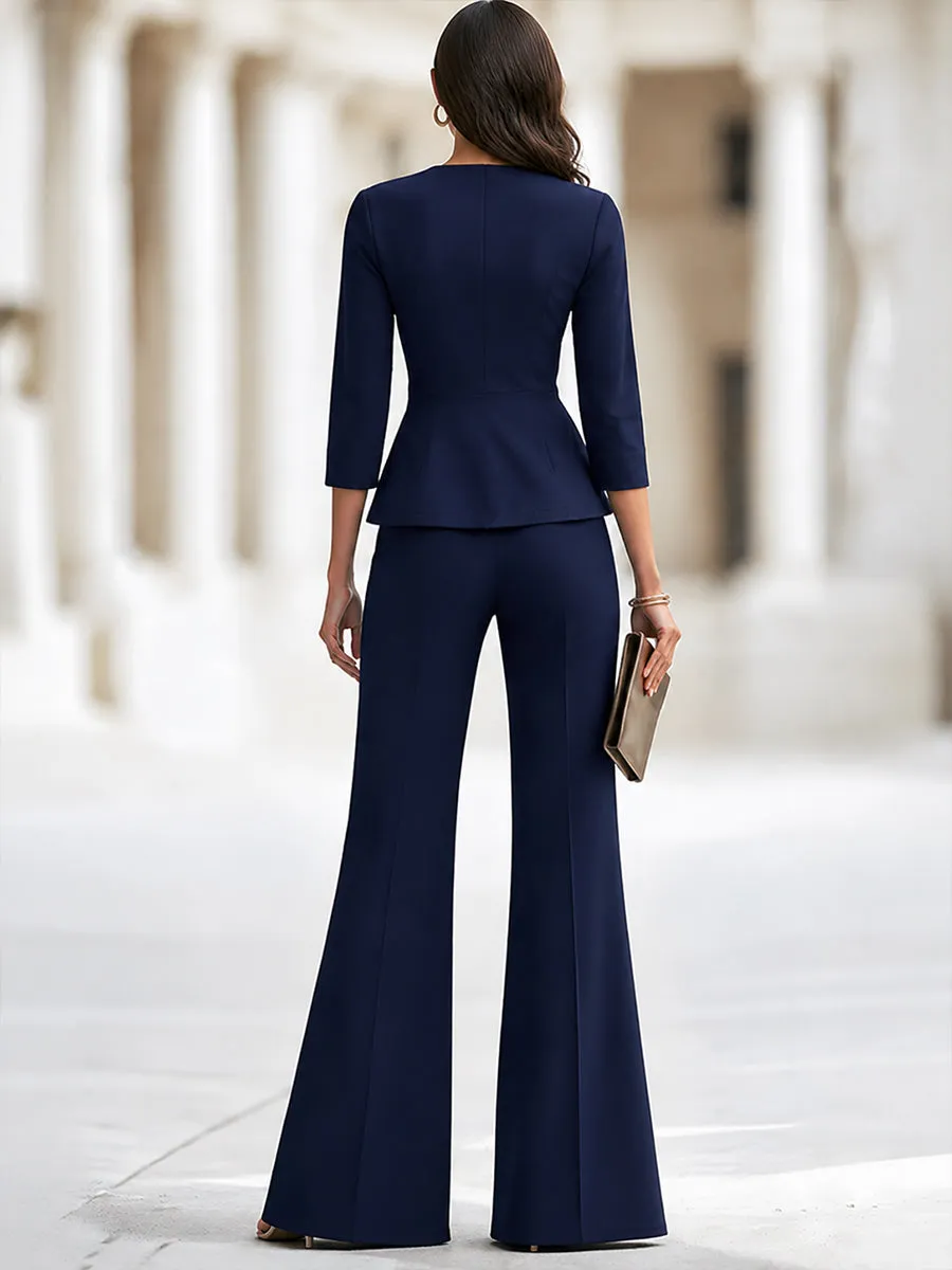 Elegant Navy Blue Peplum Blazer Wide Leg Pants Set sold by Mooyius product image thumbnail 2