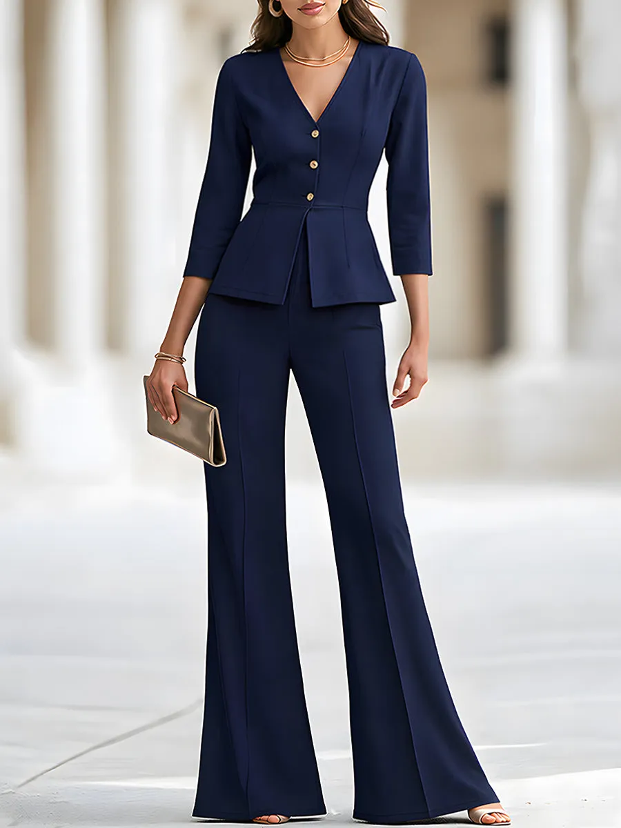 Elegant Navy Blue Peplum Blazer Wide Leg Pants Set sold by Mooyius