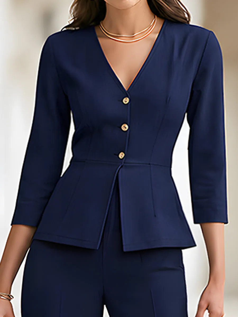 Elegant Navy Blue Peplum Blazer Wide Leg Pants Set sold by Mooyius product image thumbnail 4