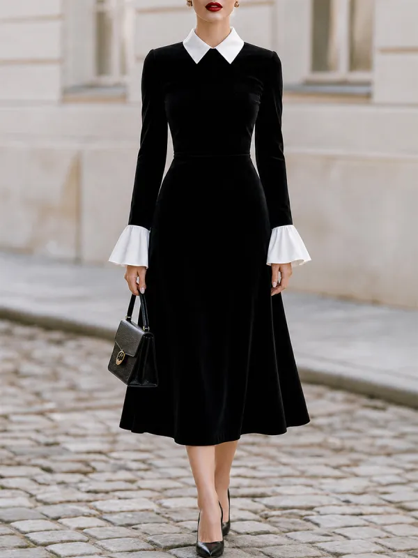 Contrast White Collar Flare Cuff Black Velvet Midi Flared Dress made by Something Navy