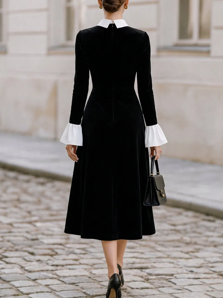 Contrast White Collar Flare Cuff Black Velvet Midi Flared Dress sold by Mooyius product image thumbnail 2