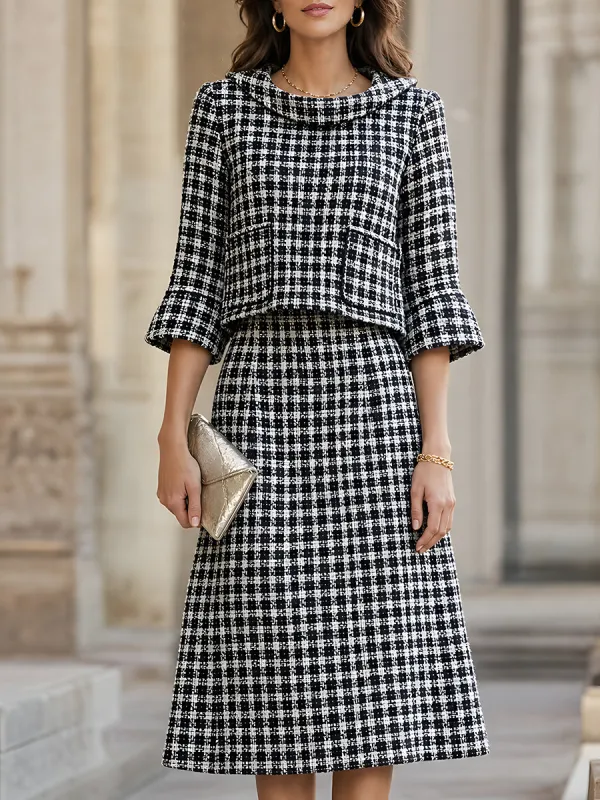 Elegant Black And White Tweed Two-Piece Skirt Set made by Mooyius
