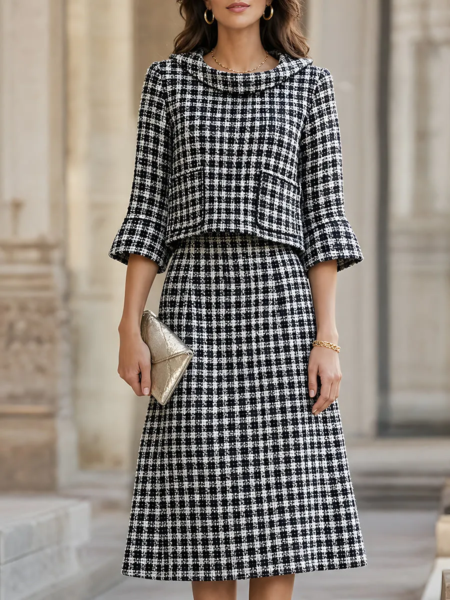 Elegant Black And White Tweed Two-Piece Skirt Set sold by Mooyius