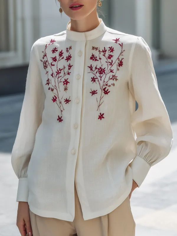 Embroidered Linen Button-Up Blouse made by Mooyius