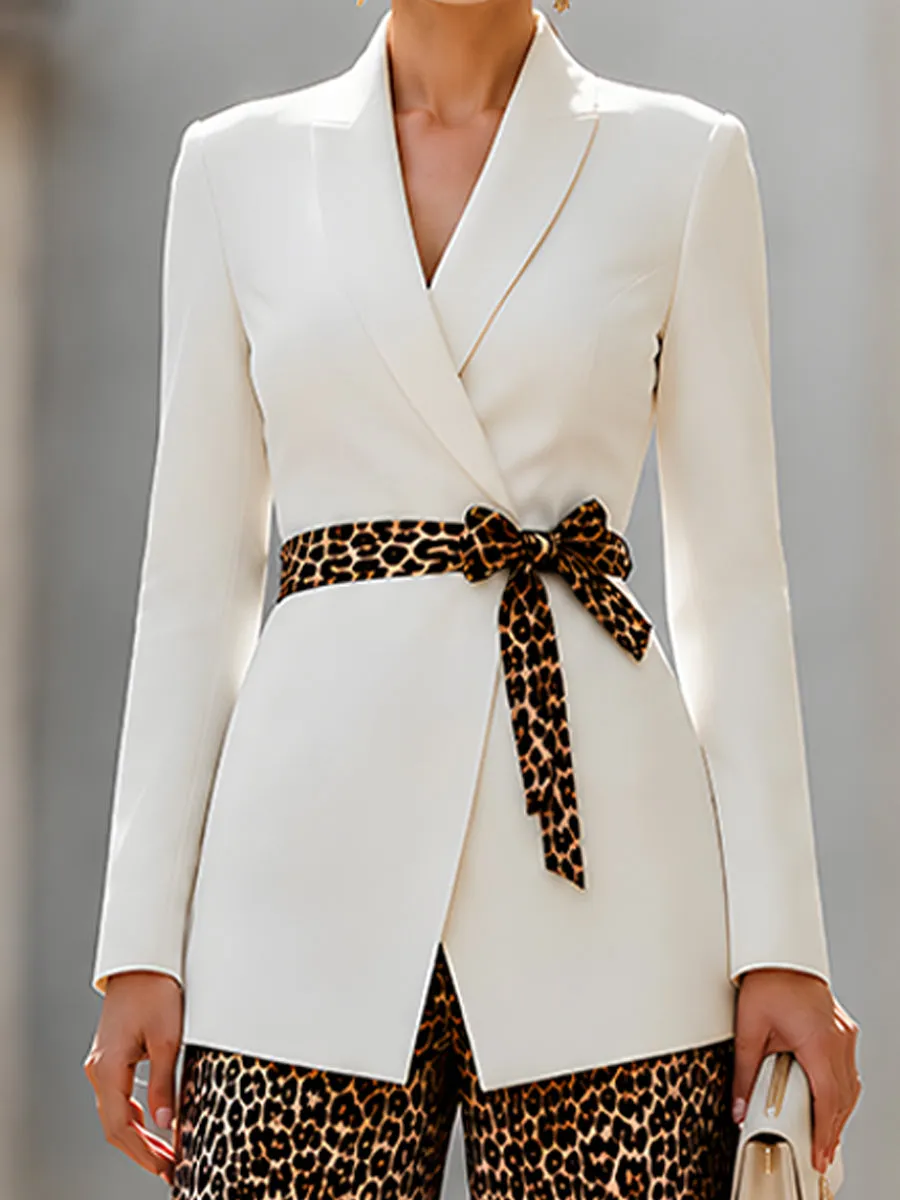 Elegant White Blazer Leopard Print Wide Leg Pants Set sold by Mooyius product image thumbnail 4