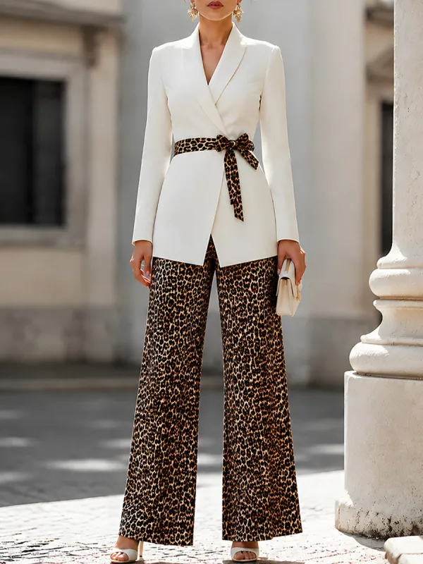 Elegant White Blazer Leopard Print Wide Leg Pants Set made by Mooyius