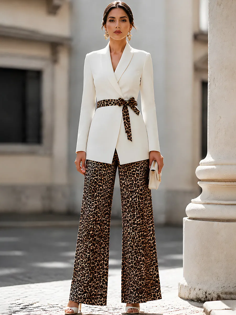 Elegant White Blazer Leopard Print Wide Leg Pants Set sold by Mooyius product image thumbnail 3