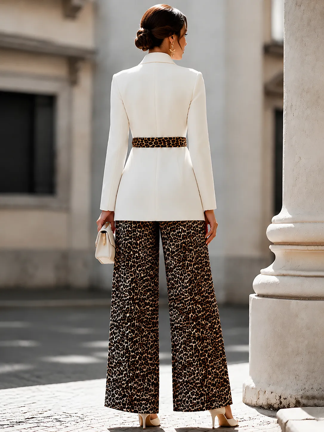 Elegant White Blazer Leopard Print Wide Leg Pants Set sold by Mooyius product image thumbnail 2