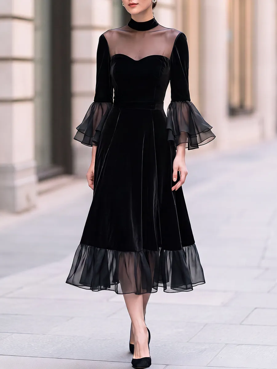 Sheer-Yoke Velvet Ruffle Midi Dress sold by Mooyius product image thumbnail 4