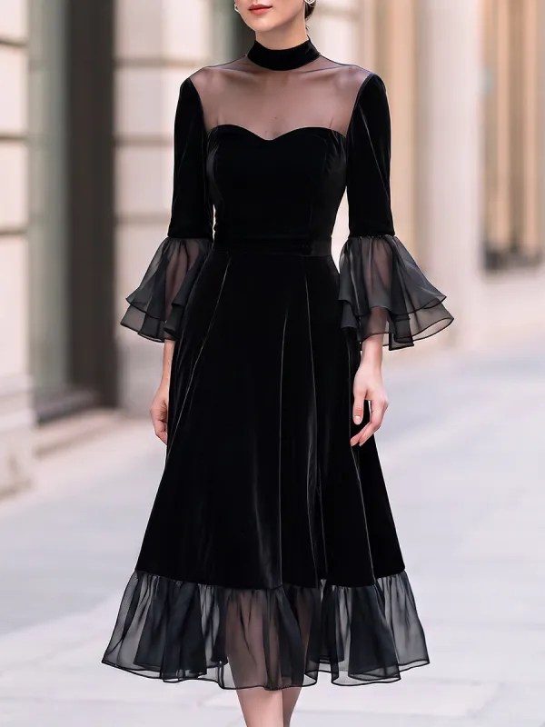 Sheer-Yoke Velvet Ruffle Midi Dress made by Mooyius