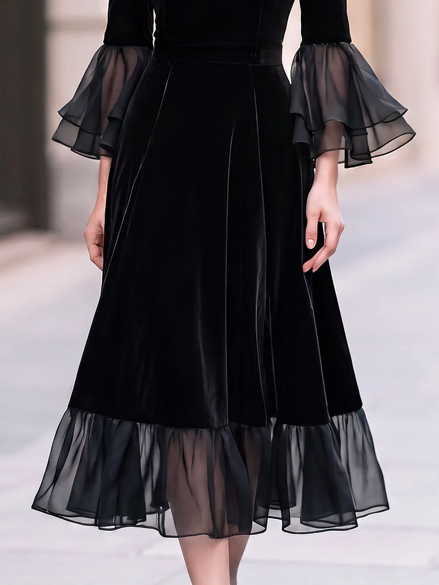 Sheer-Yoke Velvet Ruffle Midi Dress sold by Mooyius product image thumbnail 3