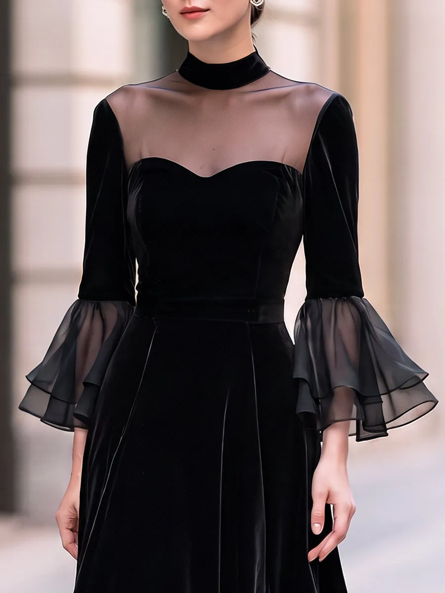 Sheer-Yoke Velvet Ruffle Midi Dress sold by Mooyius product image thumbnail 2