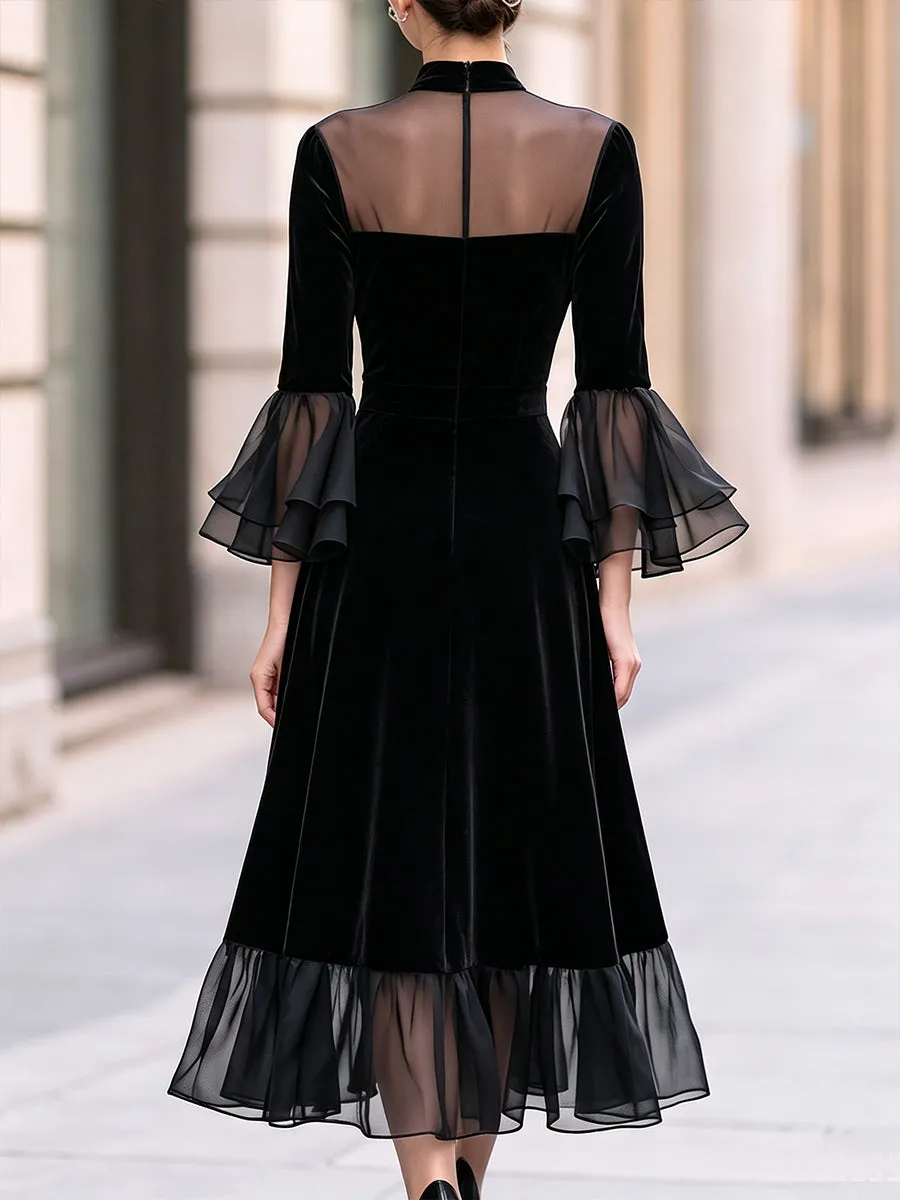 Sheer-Yoke Velvet Ruffle Midi Dress sold by Mooyius product image thumbnail 5