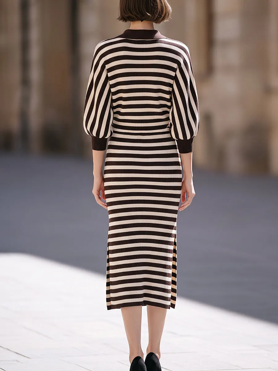 Striped Collared Ribbed Knit Midi Dress sold by Mooyius product image thumbnail 5