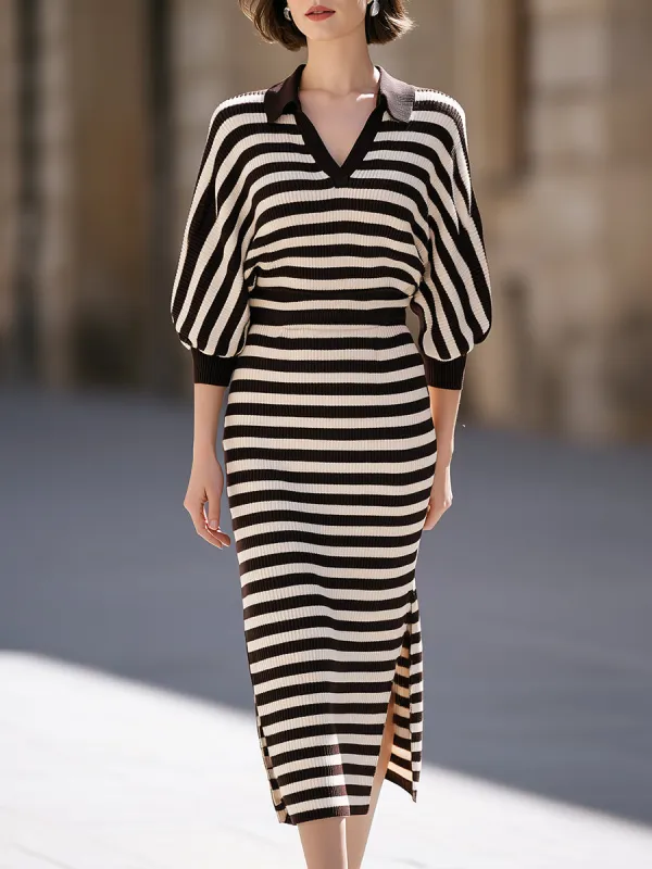 Striped Collared Ribbed Knit Midi Dress made by Mooyius