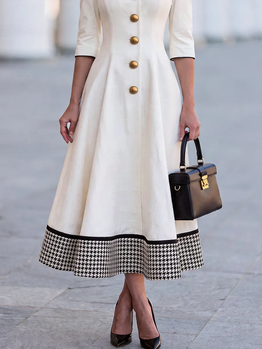 Contrast-Hem Button-Front A-Line Midi Dress sold by Mooyius product image thumbnail 3