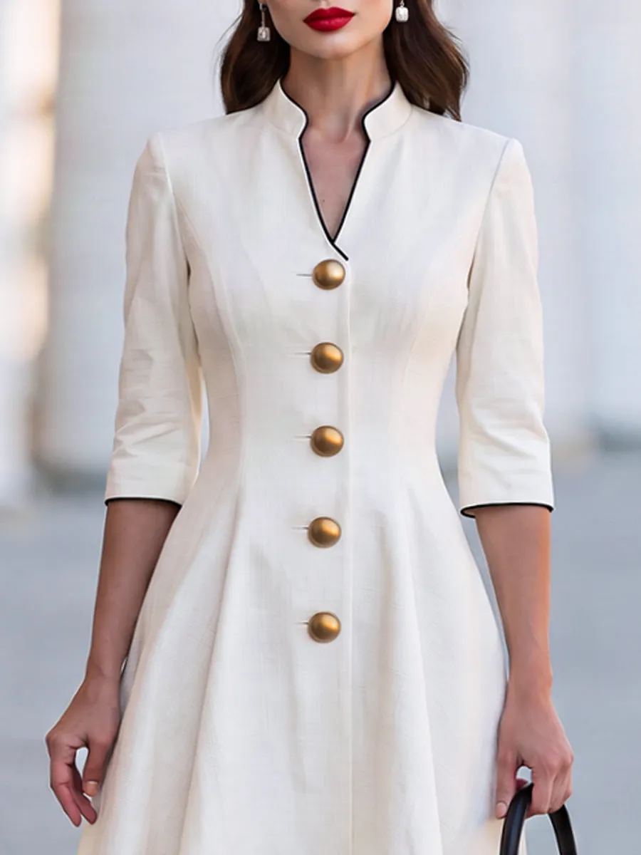 Contrast-Hem Button-Front A-Line Midi Dress sold by Mooyius product image thumbnail 2