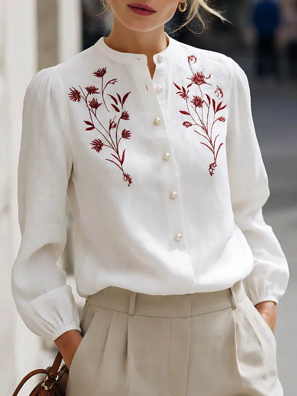 Embroidered Linen Button-Up Blouse made by Mooyius
