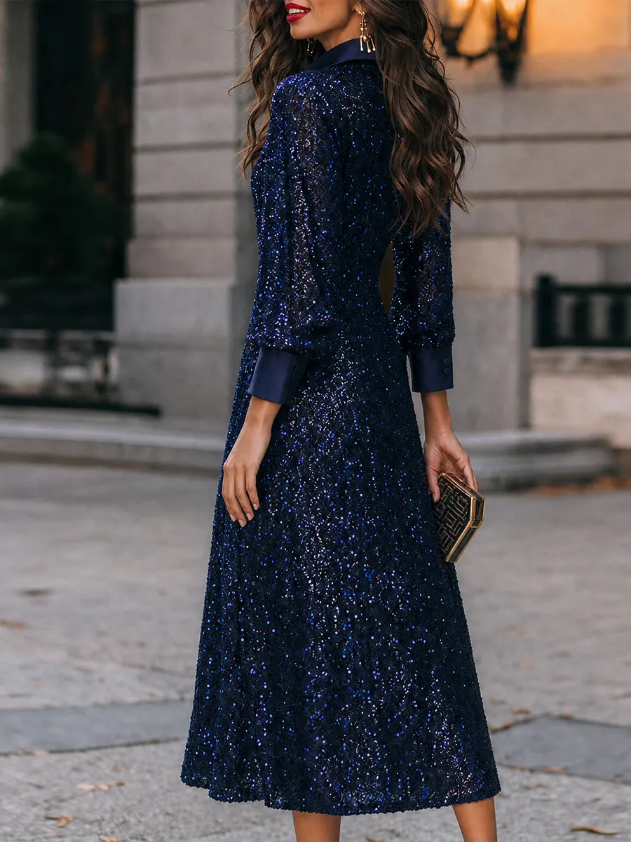 Navy Sequin Long Sleeve Button-Up Shirt Midi Dress sold by Mooyius product image thumbnail 4