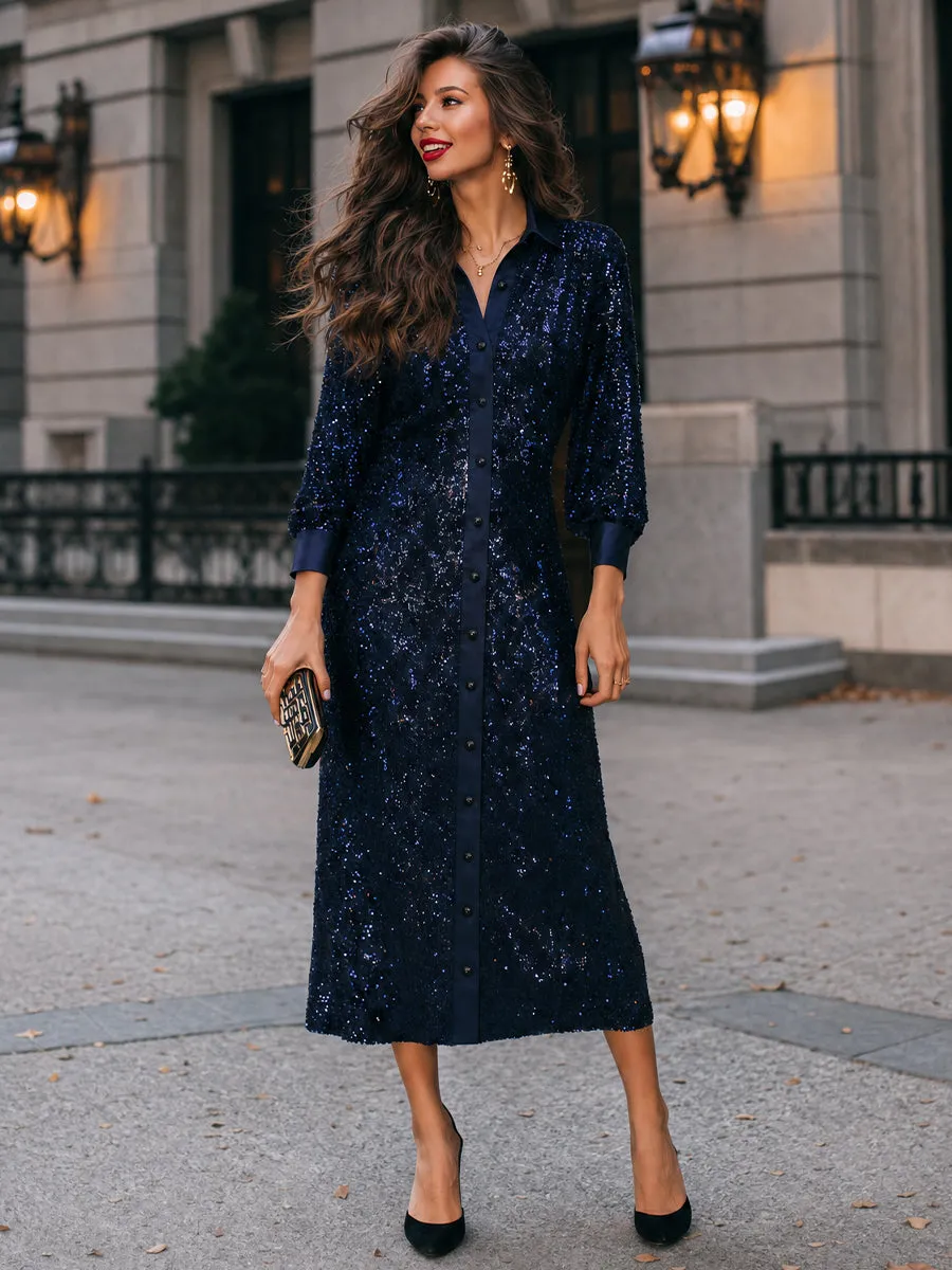 Navy Sequin Long Sleeve Button-Up Shirt Midi Dress sold by Mooyius product image thumbnail 2