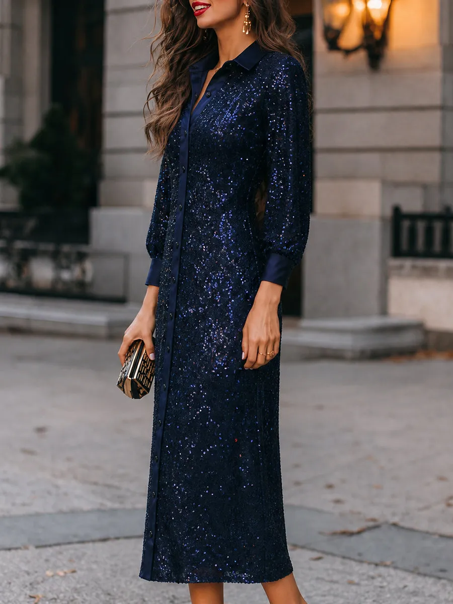 Navy Sequin Long Sleeve Button-Up Shirt Midi Dress sold by Mooyius product image thumbnail 3