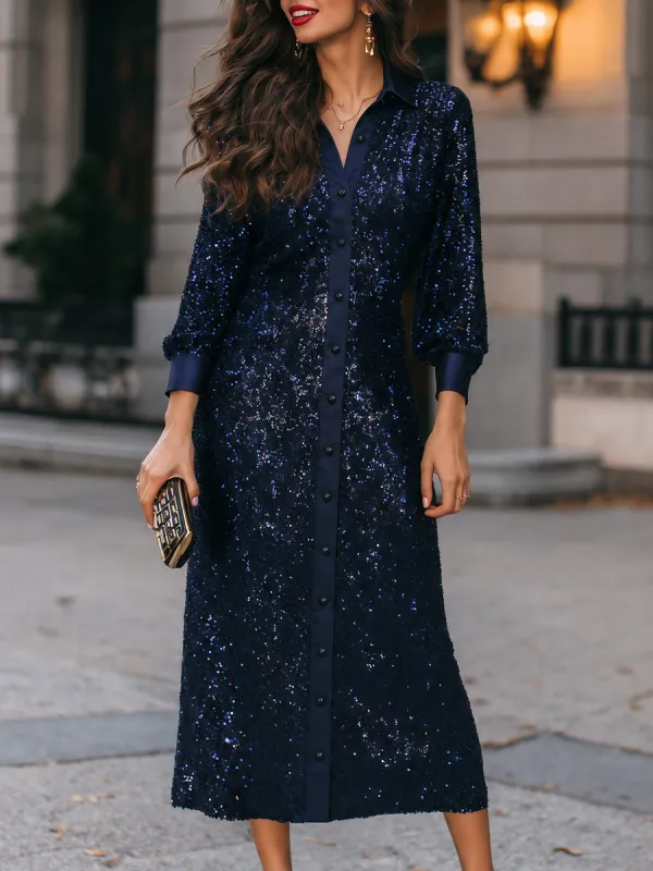 Navy Sequin Long Sleeve Button-Up Shirt Midi Dress made by Mooyius