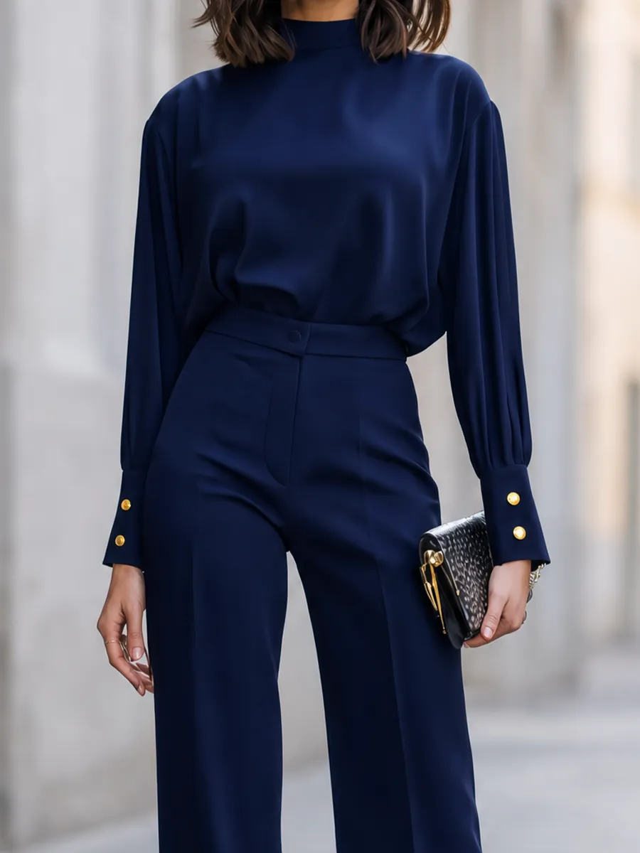 High-Neck Blouson Top And Wide-Leg Pants Set sold by Mooyius product image thumbnail 3