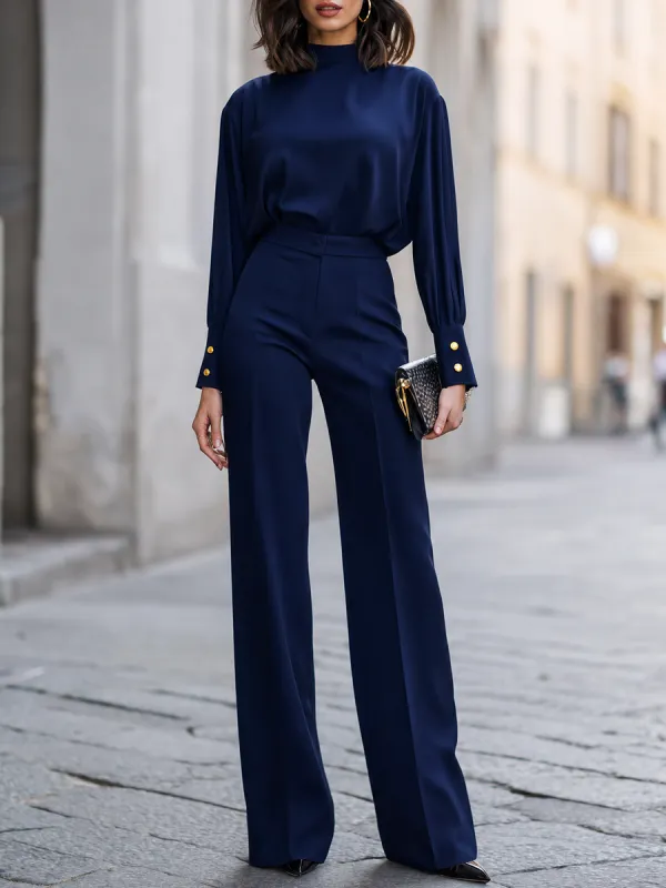 High-Neck Blouson Top And Wide-Leg Pants Set made by Mooyius
