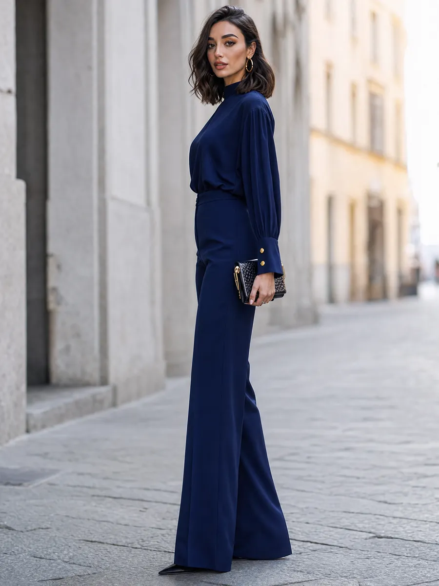 High-Neck Blouson Top And Wide-Leg Pants Set sold by Mooyius product image thumbnail 4