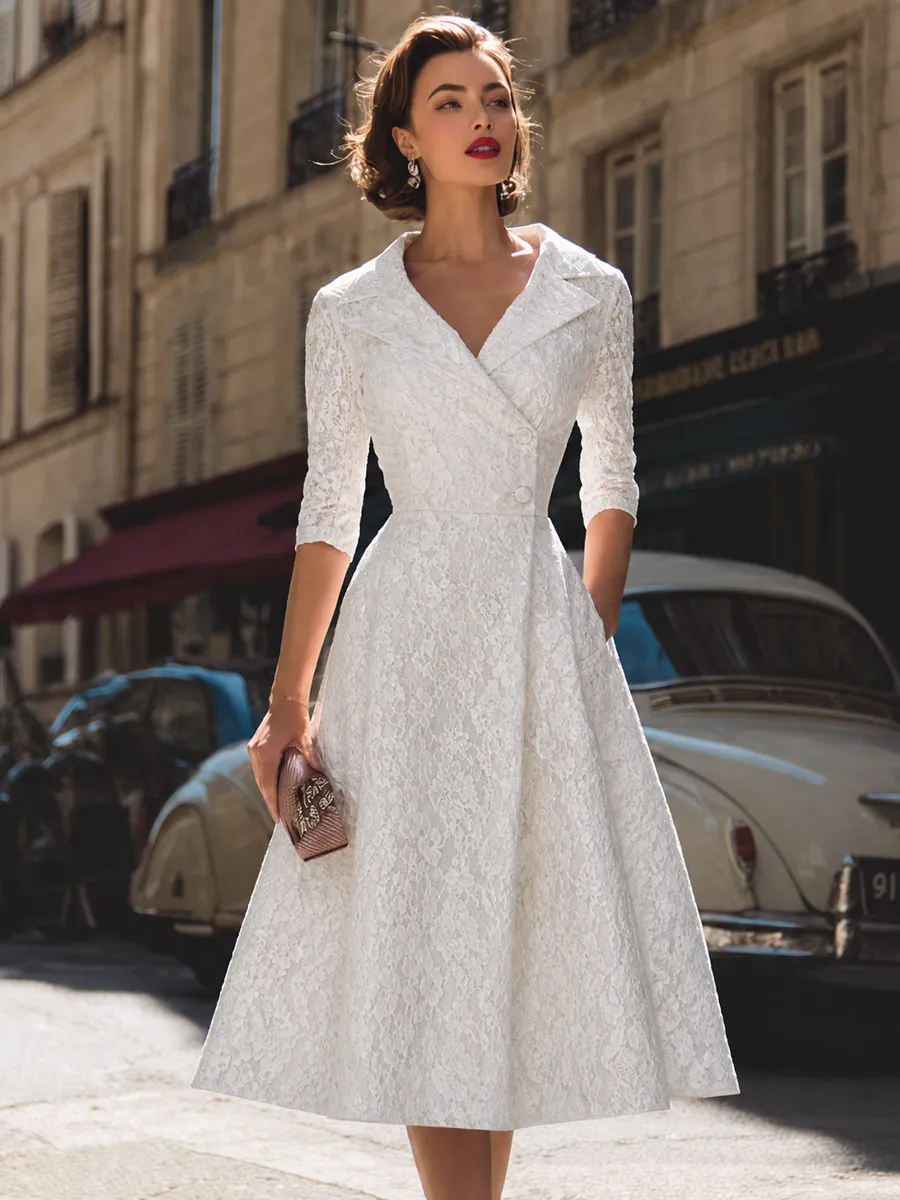 Vintage Lace Notch Collar Fit-and-Flare Midi Dress sold by Mooyius product image thumbnail 2