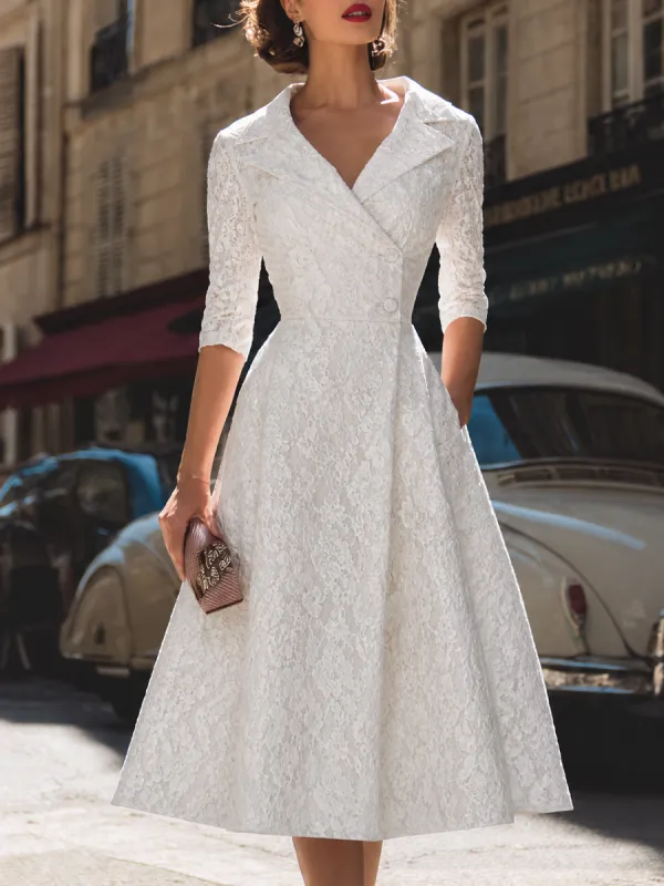 Vintage Lace Notch Collar Fit-and-Flare Midi Dress made by Mooyius