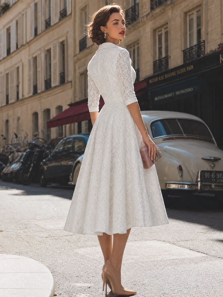 Vintage Lace Notch Collar Fit-and-Flare Midi Dress sold by Mooyius product image thumbnail 5