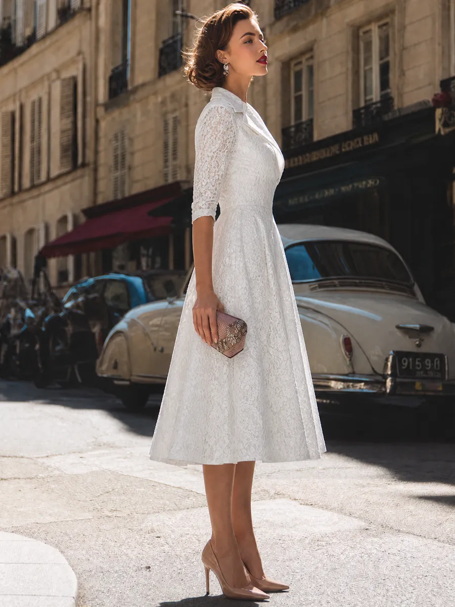 Vintage Lace Notch Collar Fit-and-Flare Midi Dress sold by Mooyius product image thumbnail 4