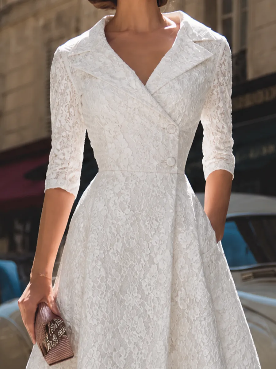 Vintage Lace Notch Collar Fit-and-Flare Midi Dress sold by Mooyius product image thumbnail 3