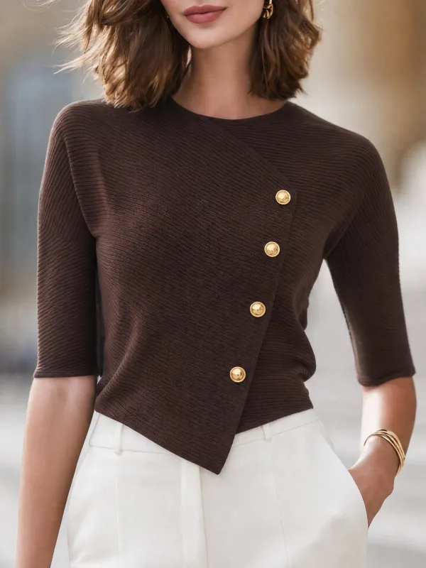 Asymmetric Button-Accent Ribbed Knit Top made by Mooyius
