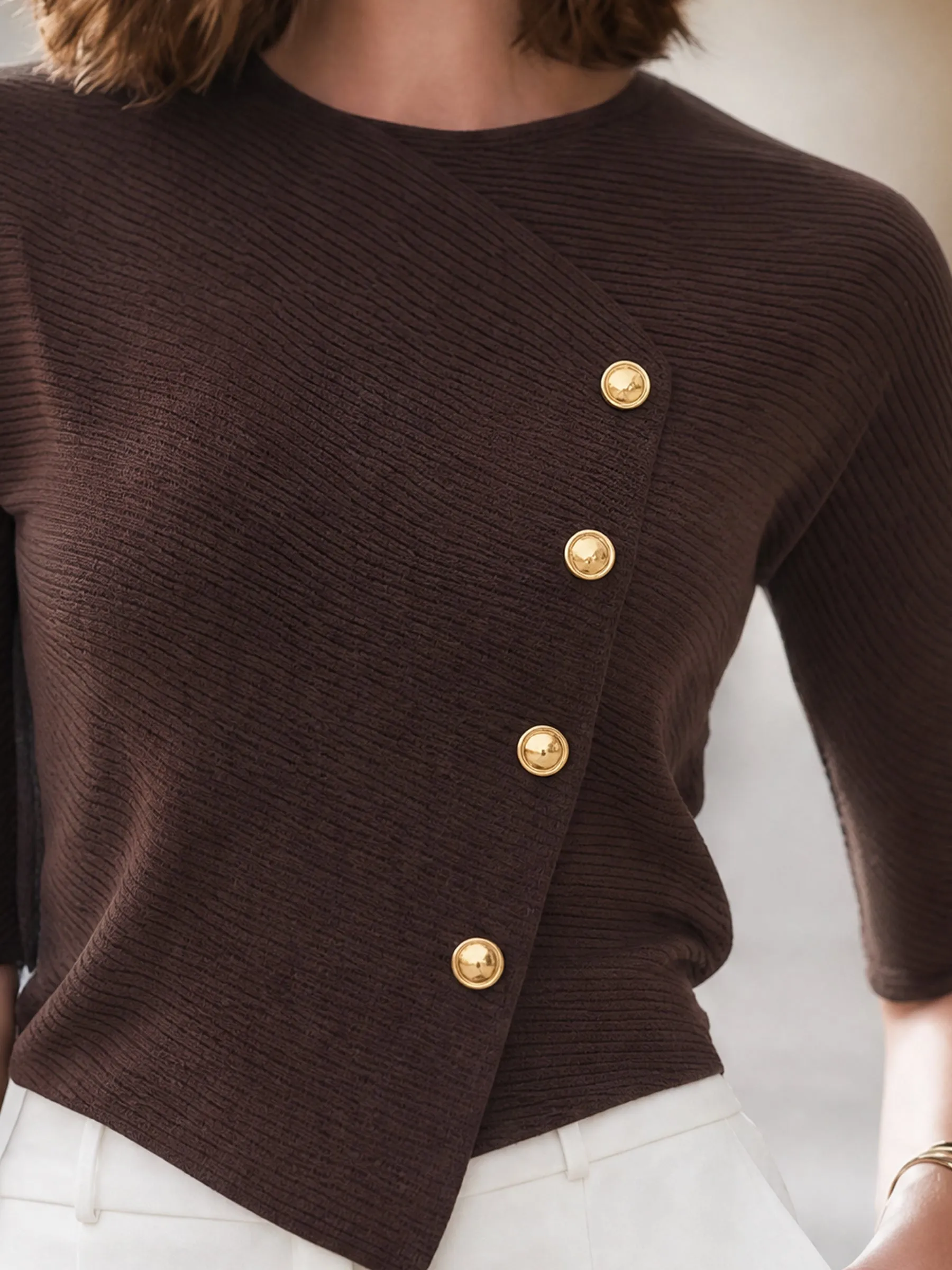 Asymmetric Button-Accent Ribbed Knit Top sold by Mooyius product image thumbnail 5