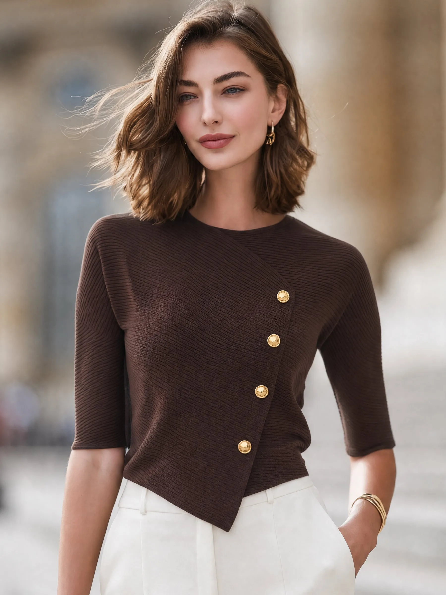 Asymmetric Button-Accent Ribbed Knit Top sold by Mooyius product image thumbnail 2