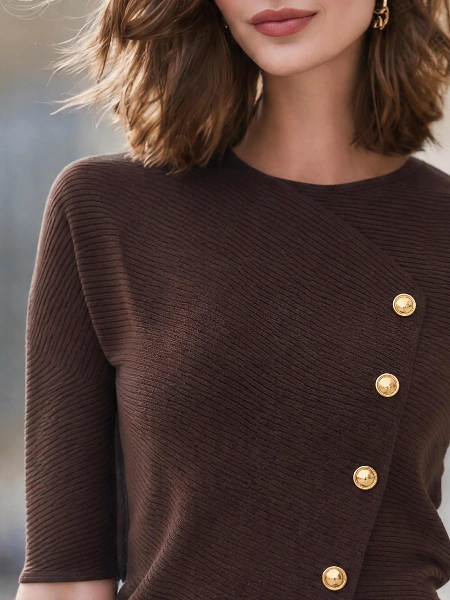 Asymmetric Button-Accent Ribbed Knit Top sold by Mooyius product image thumbnail 4