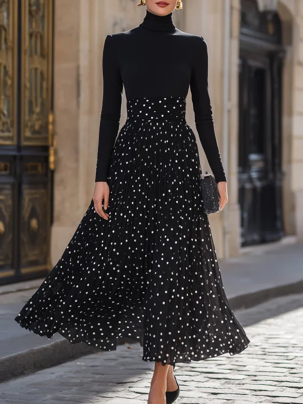 Turtleneck Top And Polka Dot Pleated Maxi Skirt Set made by Mooyius