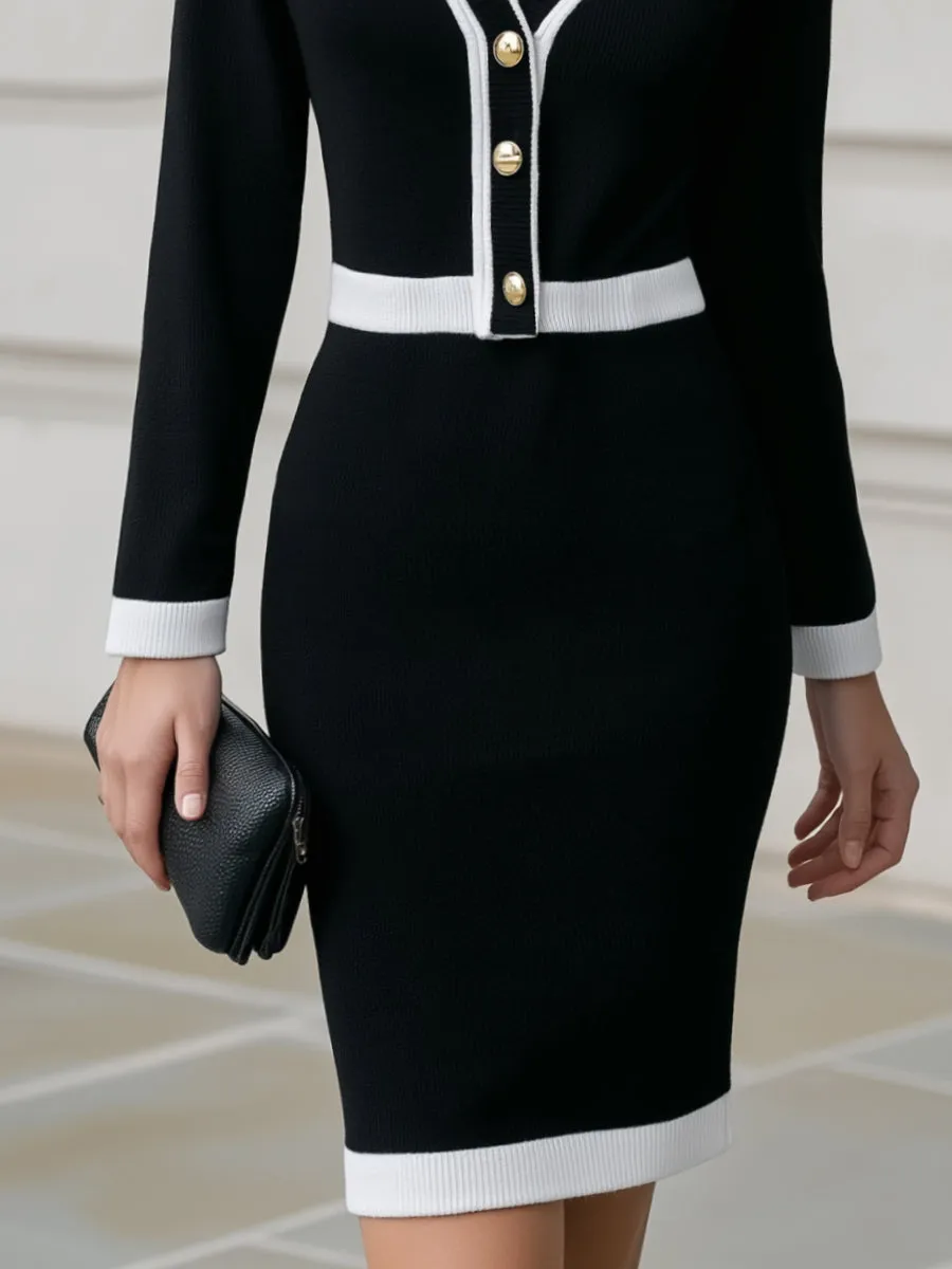 Front Buttons Contrast Trim Knit V-Neckline Dress sold by Mooyius product image thumbnail 3